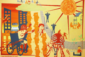 The Bristol mural is painted in shades of orange, yellow and blue. On the left of the picture there is a woman in a wheelchair who is reaching forward, but her chair is held back with chains. Behind her are tall buildings, with a falling figure, and a parked police van. On the right of the picture there is a large image of the sun, with a couple sitting and enjoying a drink - however, in front of them are other silhouettes of people with their fingers in their ears, and in the foreground the large image of someone holding his head in his hands.