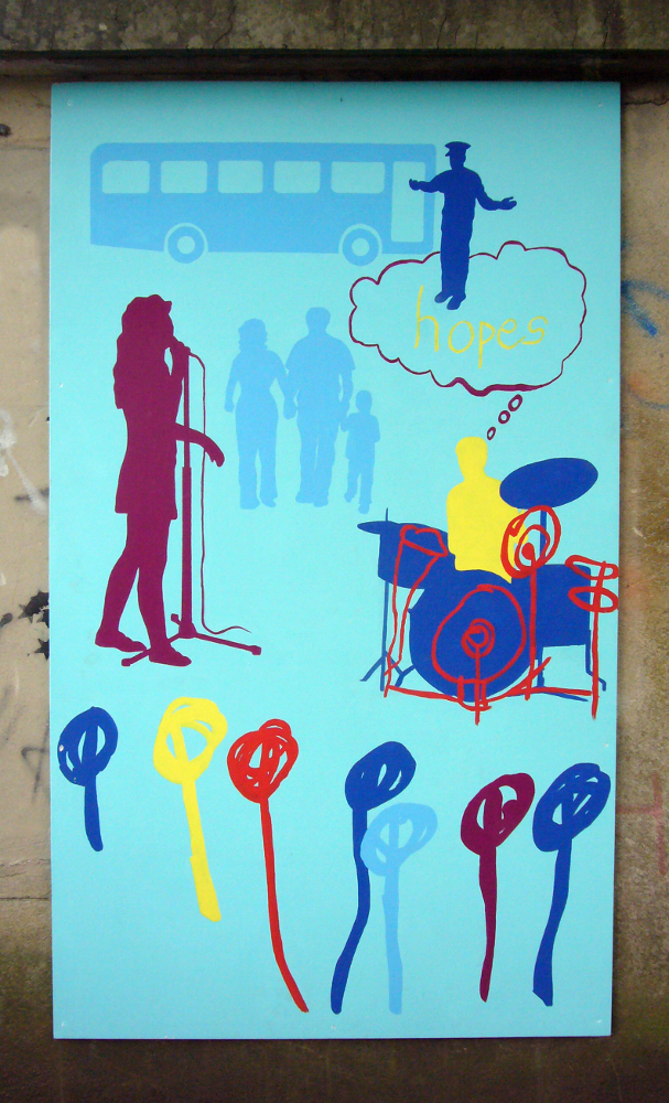 This section is all on a pale blue background. At the top there is a silhouette of a bus. A dark blue silhouette of a driver wearing a cap stands next to the bus, with arm outstretched welcoming people on board. This figures stands on top of cloud with the word 'hopes' written inside it. In the middle there are figures of a man, woman and child holding hands. Next to this is a purple figure singing in front of microphone. To the right there is a person playing drums. This one shows a simple line drawing on top of a silhouette of a real person. At the bottom there are multicoloured lines with circles on top.
