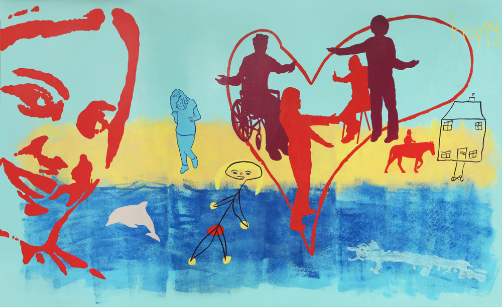 This section of the mural shows blue sky, yellow sand and blue sea. On the left there is a big smiling face. In the middle there is the outline of a big red heart with four silhouettes of people inside holding their arms out towards each other. These people are clearly taken from photographs of real people. On the left of this there is a woman running on the beach, also taken from a photograph. On the right there is a smaller red silhouette of someone horse riding towards the outline of a house with four windows, a door and a garden path. In the sea there is a stick drawing of someone with long yellow hair.  There is another drawing of a person swimming and of a dolphin.