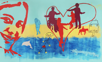 This section of the mural shows blue sky, yellow sand and blue sea. On the left there is a big smiling face. In the middle there is the outline of a big red heart with four silhouettes of people inside holding their arms out towards each other. These people are clearly taken from photographs of real people. On the left of this there is a woman running on the beach, also taken from a photograph. On the right there is a smaller red silhouette of someone horse riding towards the outline of a house with four windows, a door and a garden path. In the sea there is a stick drawing of someone with long yellow hair.  There is another drawing of a person swimming and of a dolphin.