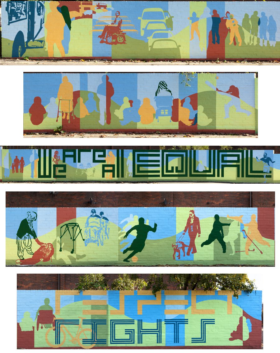 This mural has shades of blue along the top half and shades of green along the bottom half. There are many human silhouettes in shades of blue, green, yellow and red. Some figures are standing, others are sitting, some in wheelchairs, some on the grass, alone or in groups.  In one section a wheelchair user struggles to get on a bus. In another section one figure appears to be attacking another.  One figure has fallen with her walking frame beside her, another person is helping her up. The words We Are All Equal and Respect Rights are written in big letters.