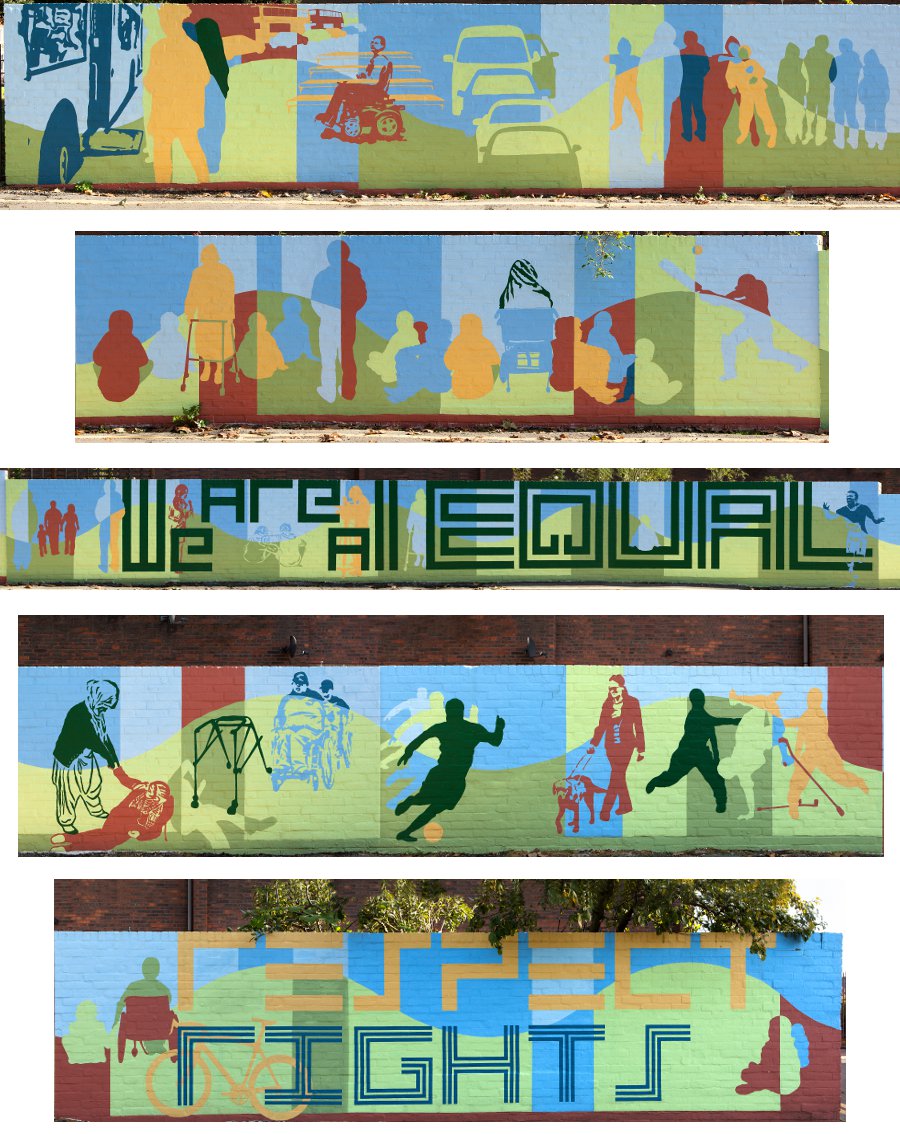 This mural has shades of blue along the top half and shades of green along the bottom half. There are many human silhouettes in shades of blue, green, yellow and red. Some figures are standing, others are sitting, some in wheelchairs, some on the grass, alone or in groups.  In one section a wheelchair user struggles to get on a bus. In another section one figure appears to be attacking another.  One figure has fallen with her walking frame beside her, another person is helping her up. The words We Are All Equal and Respect Rights are written in big letters.